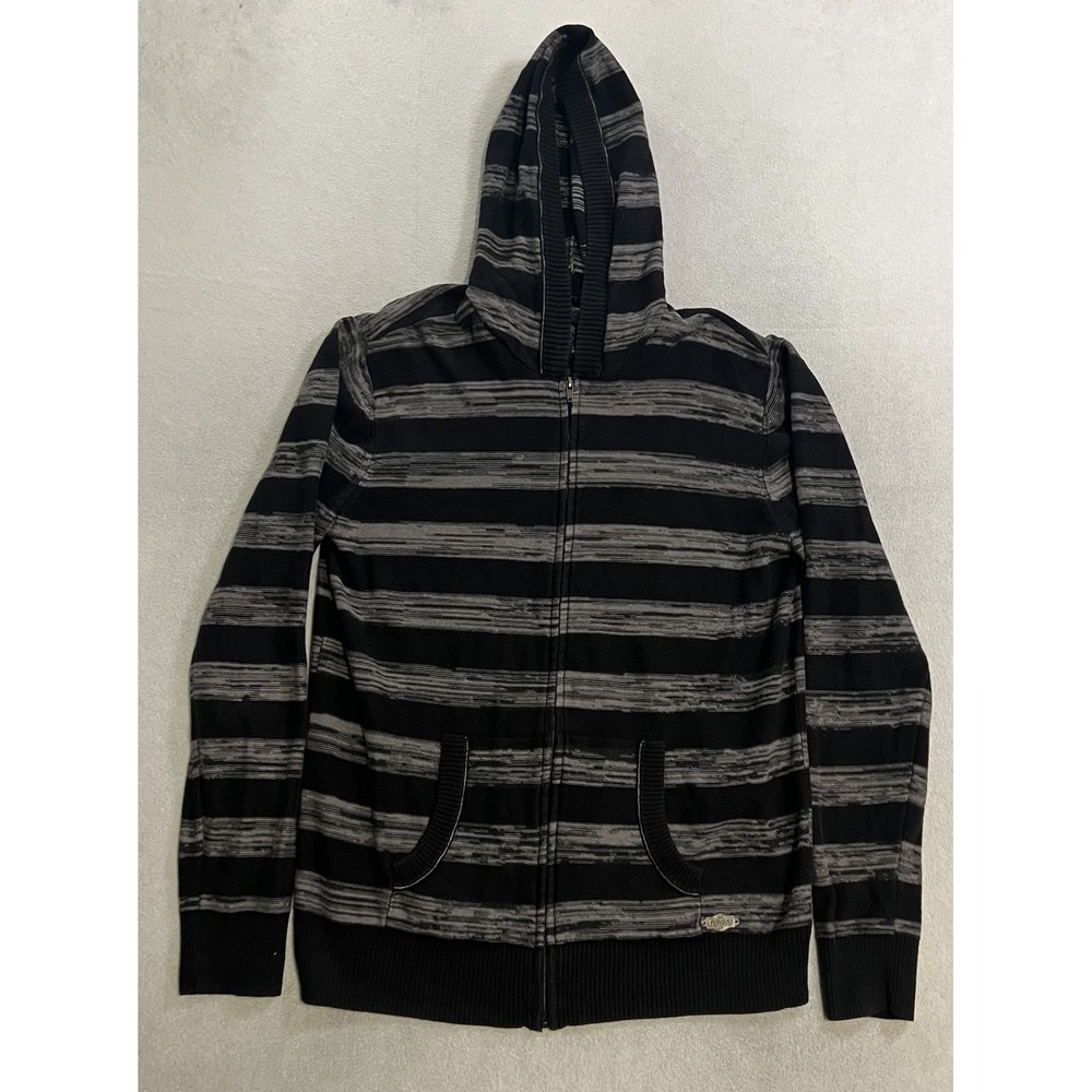 Vintage Guess Hoodie Women's Size XL Black Gray Striped Zip Up Striped Y2K
